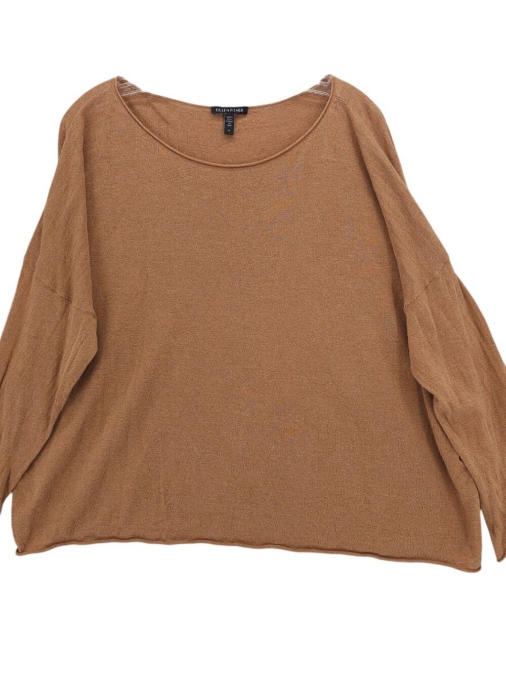 EILEEN FISHER Organic Linen Cotton Dropped Shoulder Knit Top Rolled Hem Brown 1X